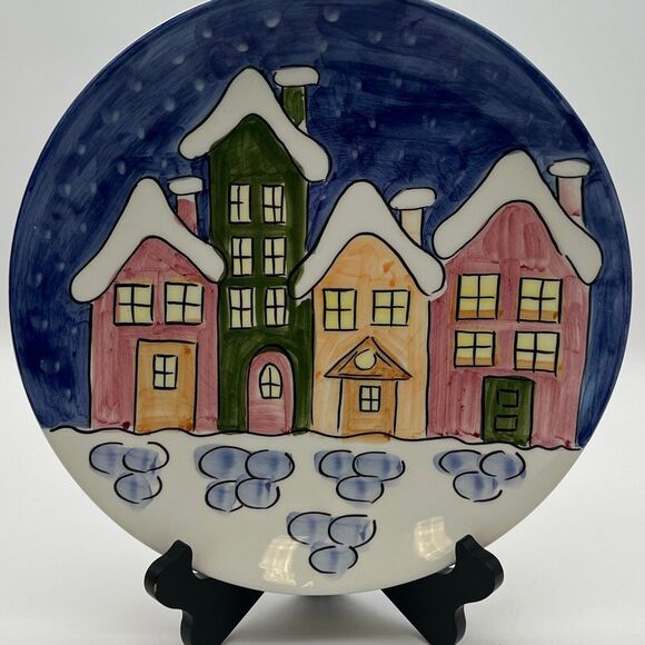 BIANCONI PIETRO Hand Painted Decorative Plate Italy Winter Village Scene Round - Picture 3 of 10